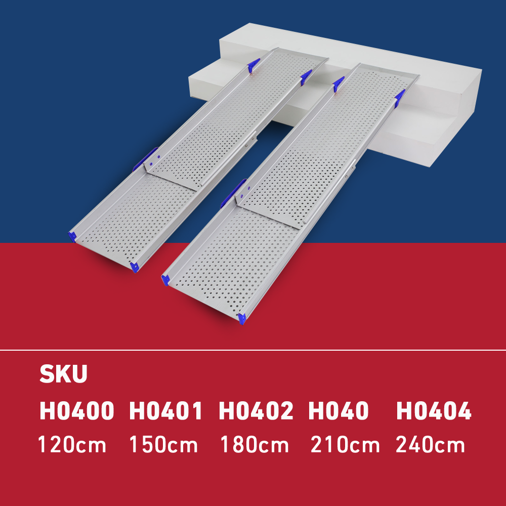 Heeve Aluminium Telescopic Mobility Ramps in various lengths, shown with SKUs and corresponding dimensions (120cm, 150cm, 180cm, 210cm, and 240cm) against a blue and red background, illustrating product options for different accessibility needs