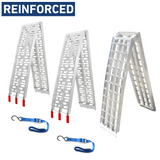 Reinforced aluminium folding loading ramps with safety straps, featuring red rubber-tipped legs and a durable grid structure