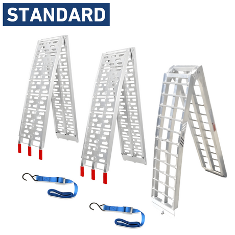 Standard aluminium folding loading ramps with safety straps, featuring red rubber-tipped legs and a durable grid structure