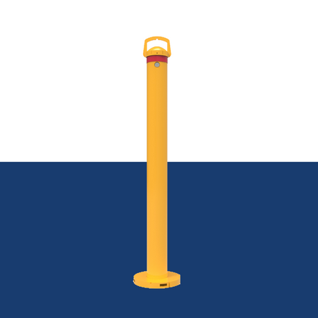 Yellow removable surface mount bollard standing upright against a white and blue
 background, featuring a handle and circular base.