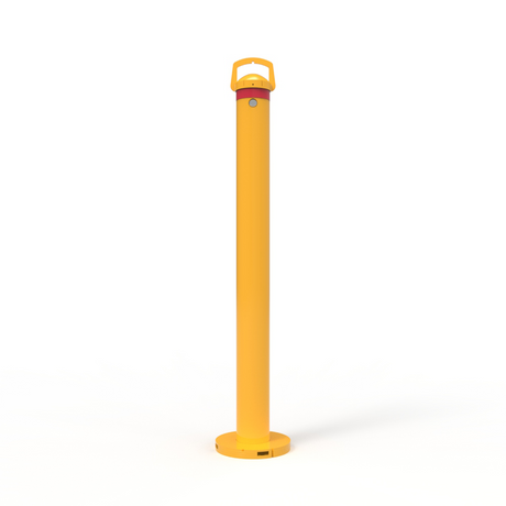 Yellow removable surface mount bollard standing upright against a white background, featuring a handle and circular base.