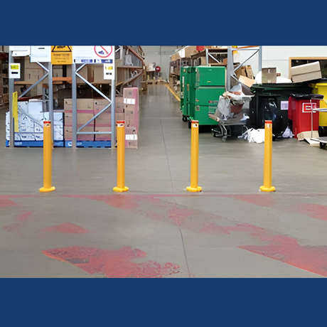 Images of a yellow removable bollard in a car park and warehouse, and its circular surface mount base, showcasing installation options