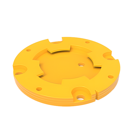 "Close-up image of a yellow circular surface mount base for a removable bollard, featuring multiple holes for secure installation."