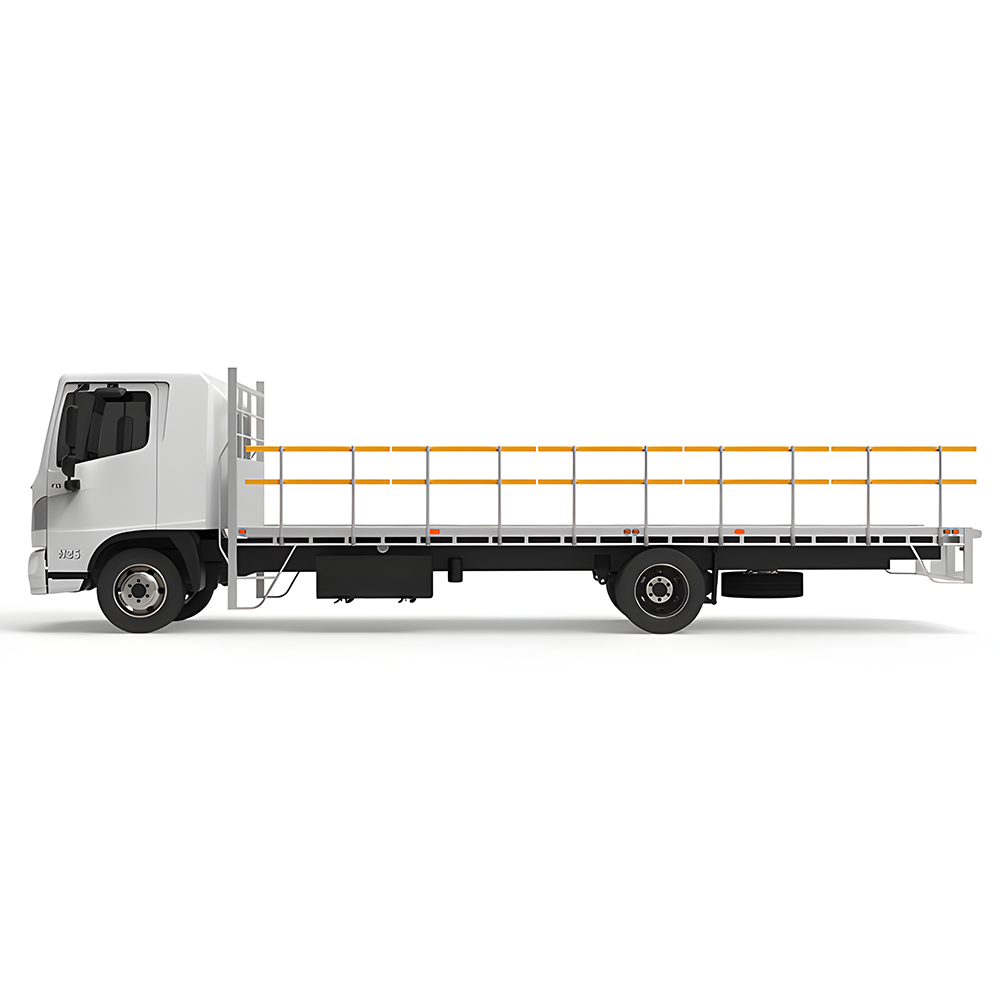 Rendered side view of a flatbed truck with safety guardrails