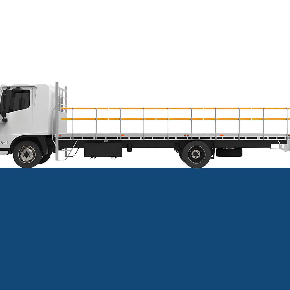 Rendered side view of a flatbed truck with safety guardrails, with a solid blue background.