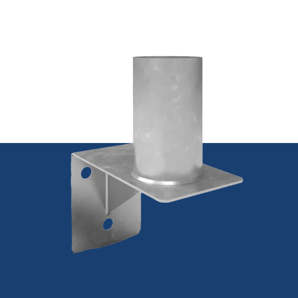 A metallic wall mount bracket against a blue background, offering a clear view of its structural design and durability for mirror installation.