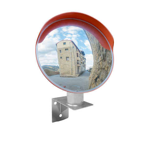 A convex mirror with a red border, mounted with the wall bracket, reflecting a clear image of buildings in an outdoor setting. The image combines the mirror and mount, showcasing their compatibility and application.