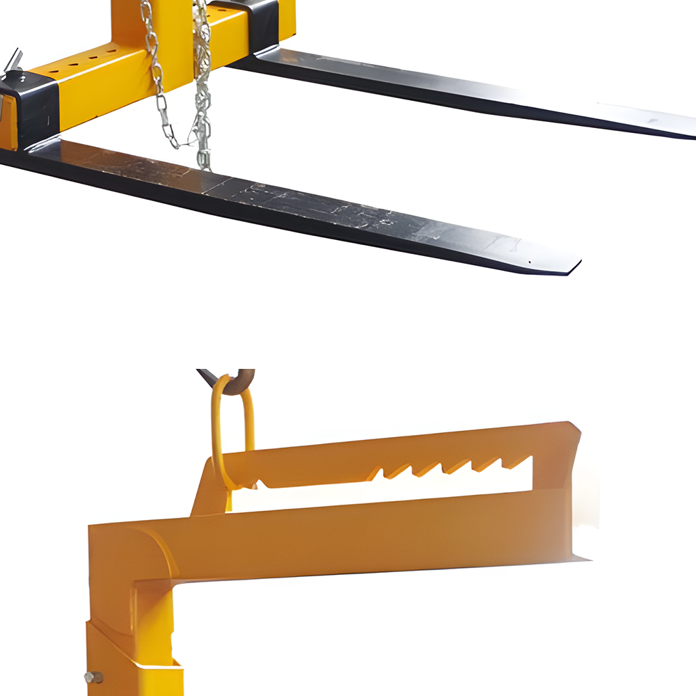 A close-up of the yellow crane pallet lifter's upper section, focusing on its hook and sturdy design for reliable lifting.