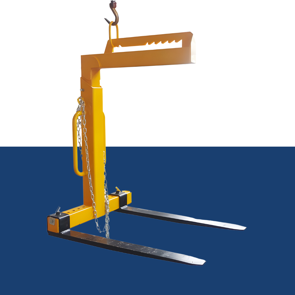 The yellow crane pallet lifter attachment displayed on a blue and white background, presenting its robust structure and forks