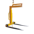 A yellow crane pallet lifter attachment shown on a white background, giving a clear view of its design and features.