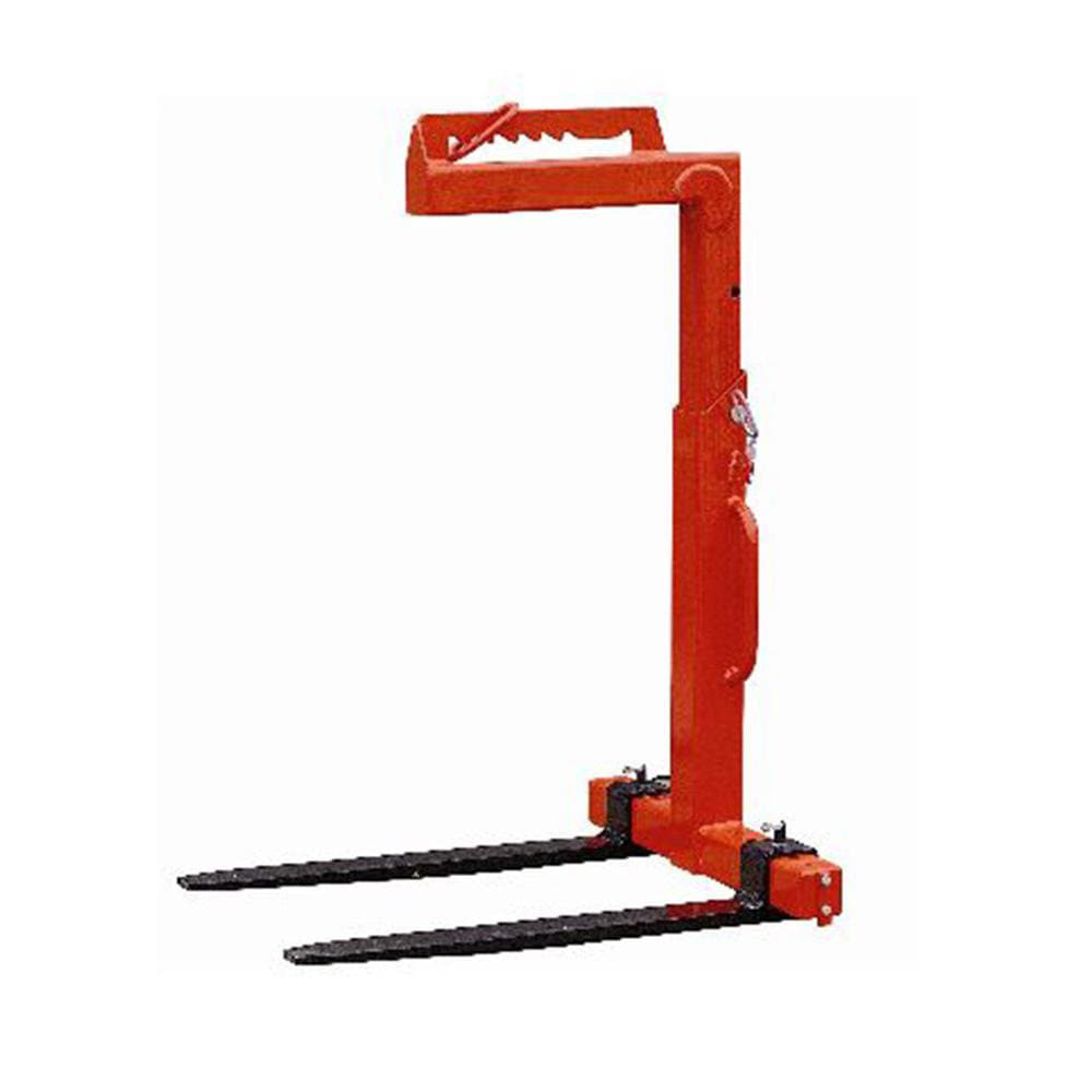 A standalone red crane pallet lifter attachment against a plain background, showcasing its sleek and functional design.