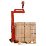 A red crane pallet lifter attachment lifting a stack of pallets, showcasing its functionality in a warehouse setting