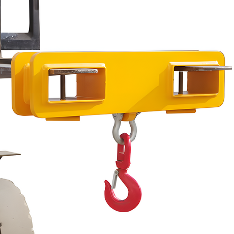 A front-facing view of the fork hook attached to forklift tines, highlighting the secure design and the red swivel hook for lifting.