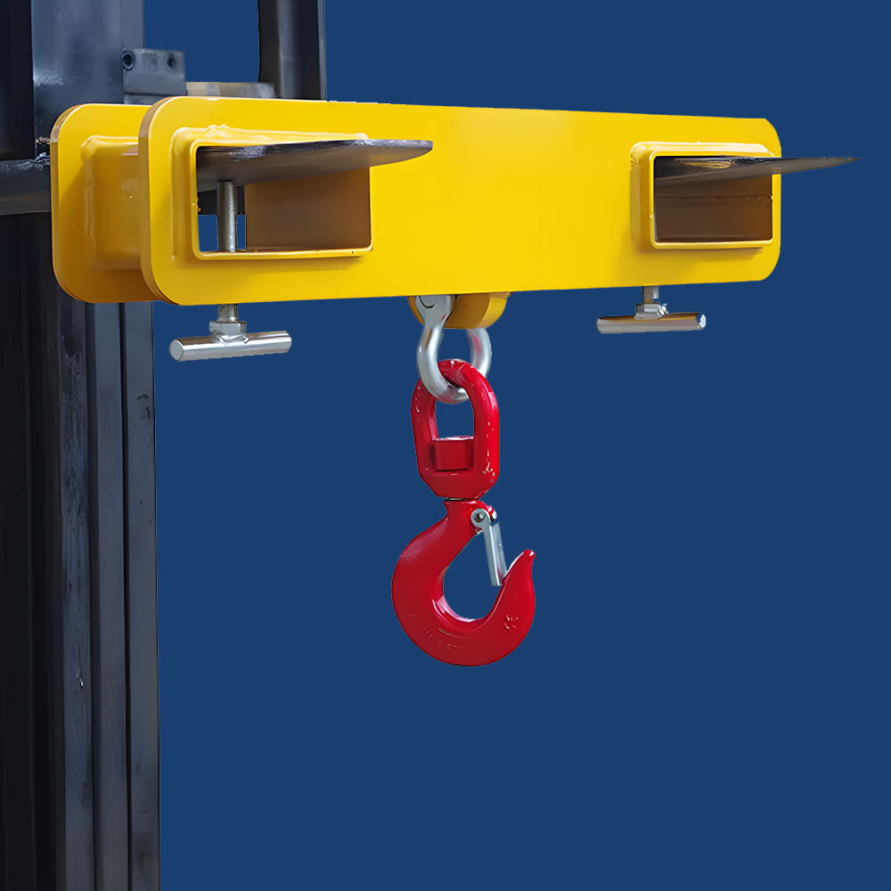 A side view of the fork hook mounted on forklift tines, showcasing the dual tine slots and the hook assembly, set against a blue background.