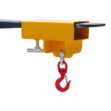 A close-up of the DHE Fork Hook with a 5000kg lifting capacity, attached securely to forklift tines. The bright yellow hook body and red lifting hook are clearly visible.