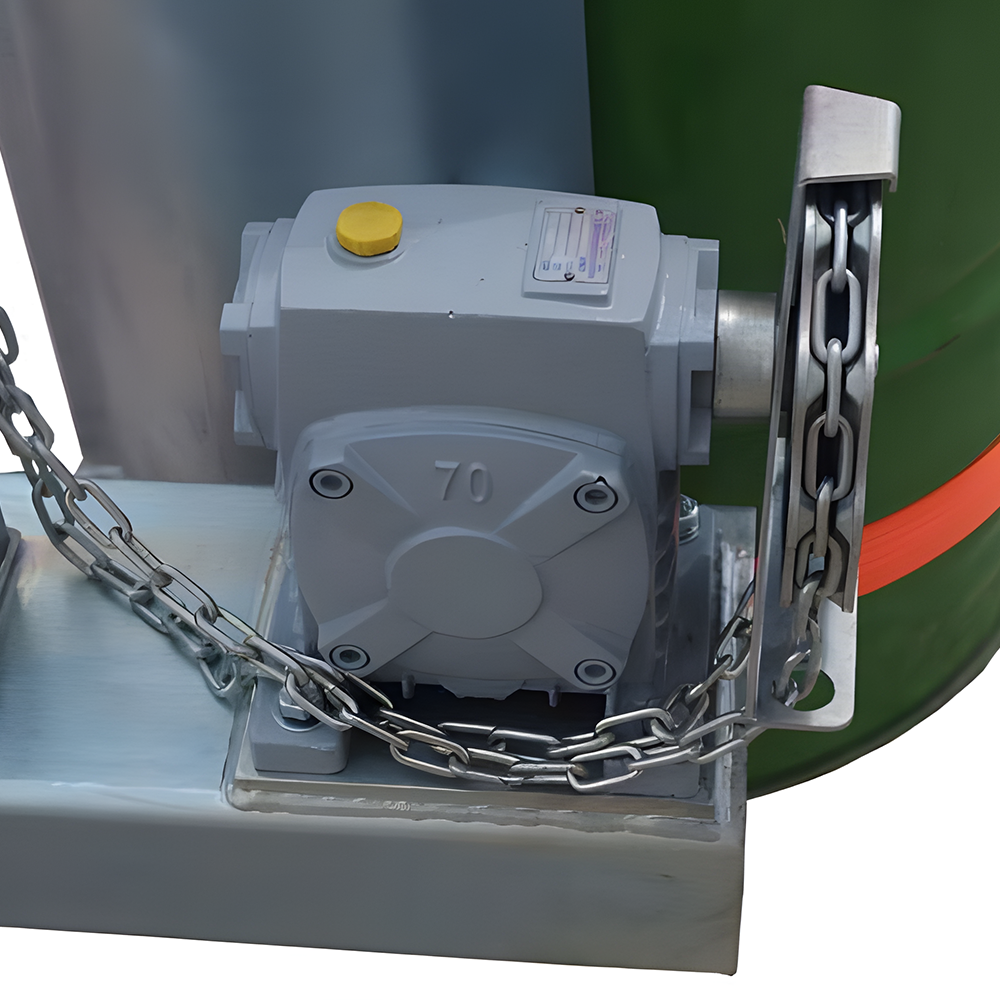 Another detailed close-up of the drum rotator's mechanism, focusing on the adjustment and safety chain features for drum security.