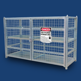 A detailed, close-up view of the gas cylinder storage cage, again showing the wire mesh construction and the safety sign, with a blue background to make the product stand out.