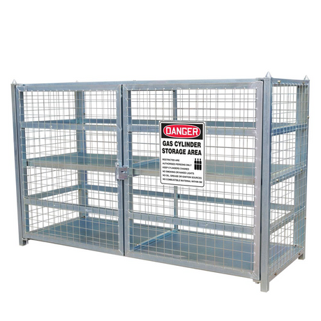  A large metal gas cylinder storage cage with wire mesh construction and a "Danger: Gas Cylinder Storage Area" sign prominently displayed on the front. It is shown in a clean, standalone setting, highlighting its structure.