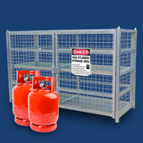 The same gas cylinder storage cage, but now with two red LPG gas cylinders placed in front of it, illustrating its intended use for safely storing gas bottles.