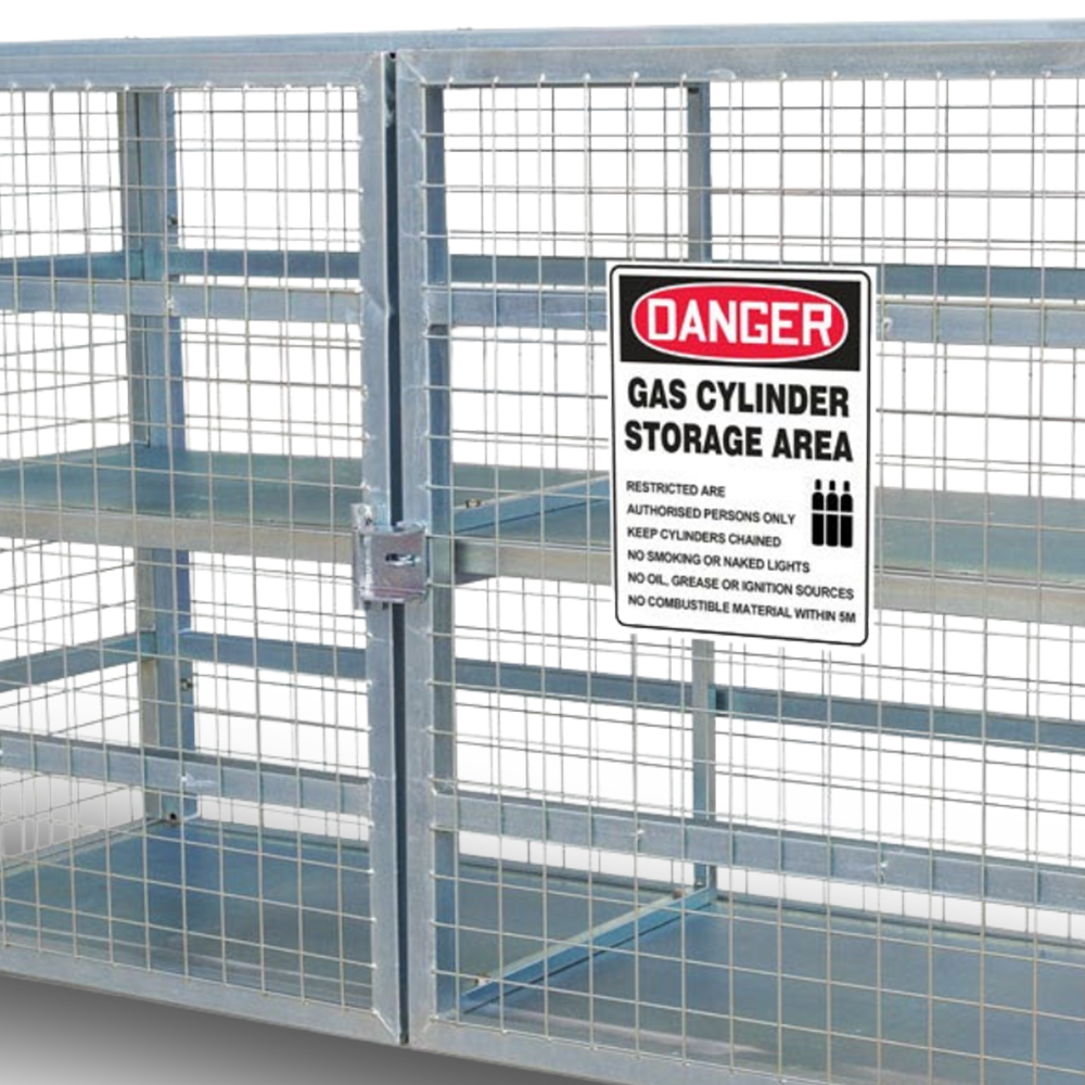 A close-up image focusing on the safety sign and the front design of the storage cage, highlighting the product's secure locking mechanism and signage for compliance and safety.