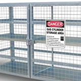 A close-up image focusing on the safety sign and the front design of the storage cage, highlighting the product's secure locking mechanism and signage for compliance and safety.