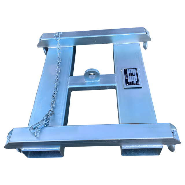 A top-down view of the forklift bulk bag carrier, displaying its robust steel frame with a central ring and chain attachment