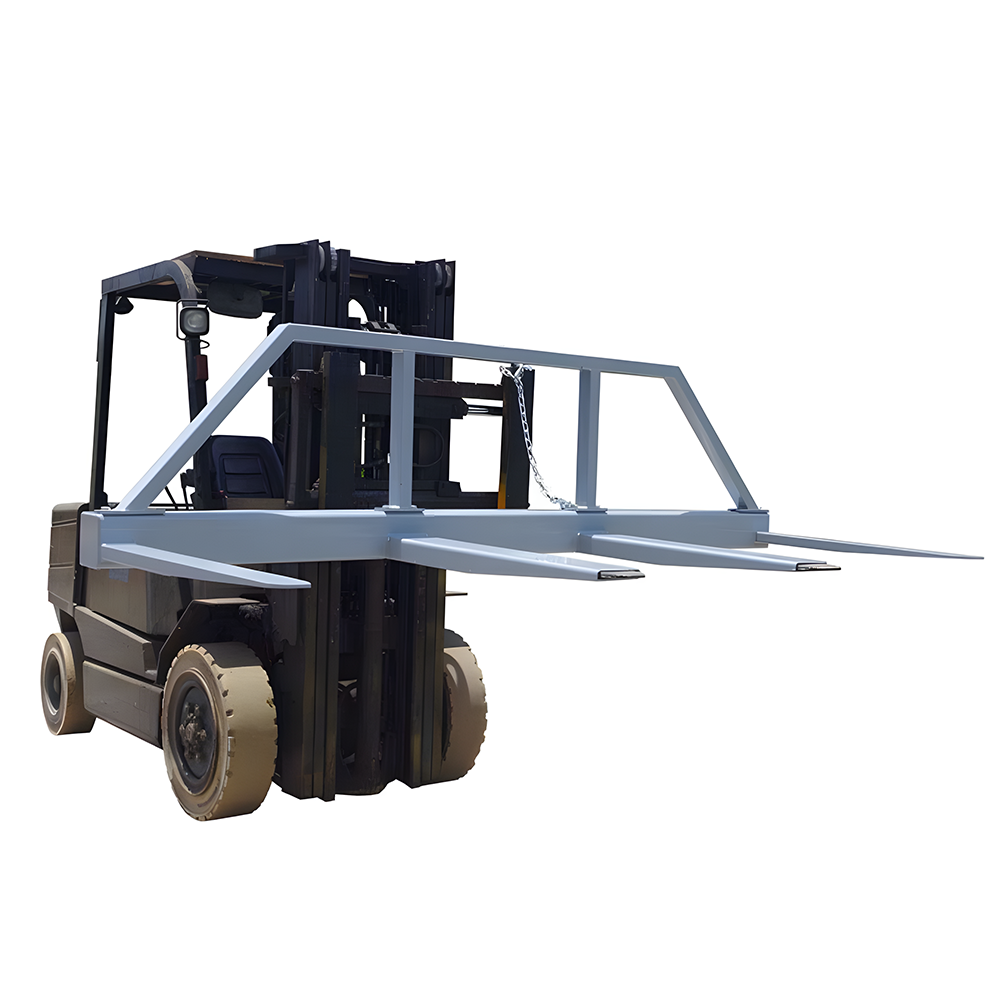 A forklift equipped with the spreader on a blue background, clearly showing the attachment’s usability and compatibility with forklifts.