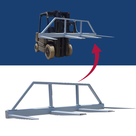 A dynamic representation of a standard fork spreader, showing a forklift with the spreader attached and an arrow highlighting its attachment process against a blue and white background.