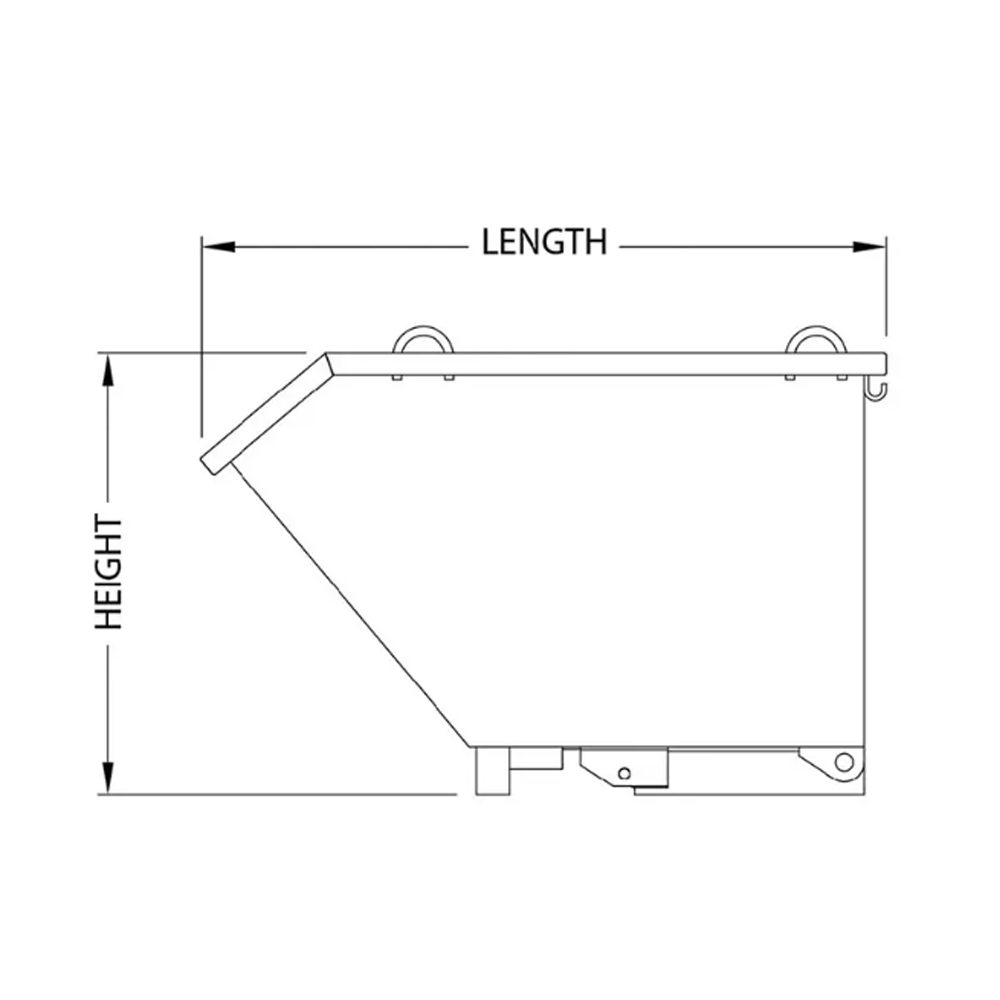 A technical drawing of the waste tipping bin with labelled dimensions for height and length, providing detailed specifications.