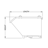 A technical drawing of the waste tipping bin with labelled dimensions for height and length, providing detailed specifications.