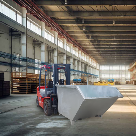 A forklift carrying a large industrial waste tipping bin inside a spacious warehouse, showcasing the product in a real-use scenario.