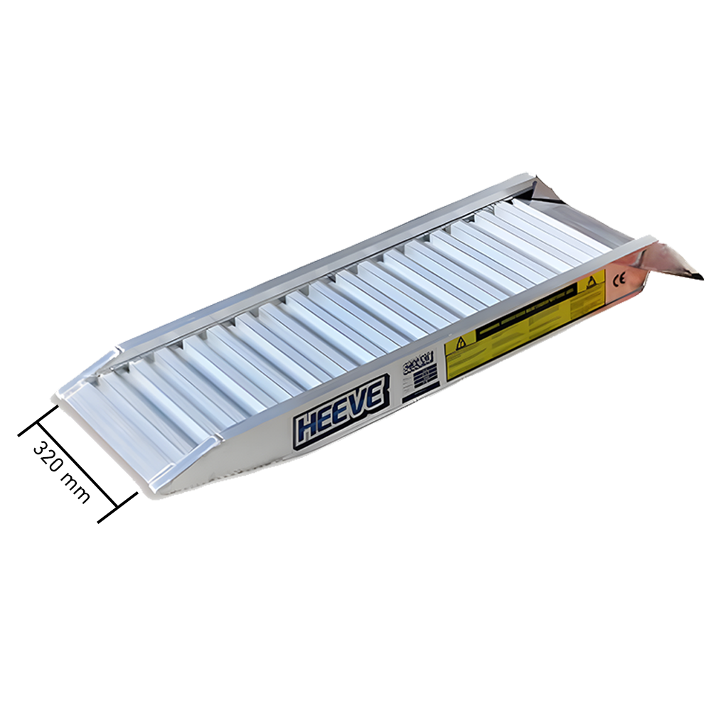 Aluminium loading ramp by Heeve showing a sturdy design with a width of 320mm, featuring raised sides for secure use.