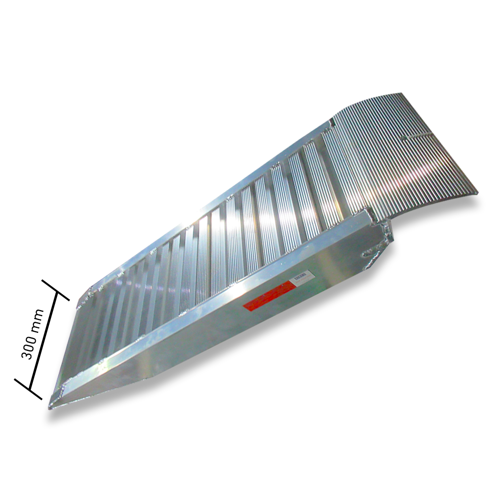 Aluminium loading ramp by Heeve showing a sturdy design with a width of 300mm, featuring raised sides for secure use.