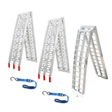 This image displays a set of folding aluminium loading ramps. Two of the ramps have perforated surfaces with red tips, which likely serve as stabilisers or grip points for securing the ramps in place. Each ramp includes a blue securing strap with hooks, ensuring safety during transportation or loading. The third ramp features a traditional slatted design. All ramps are designed to be sturdy and foldable for easy storage and mobility.
