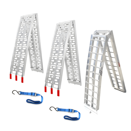 This image displays a set of folding aluminium loading ramps. Two of the ramps have perforated surfaces with red tips, which likely serve as stabilisers or grip points for securing the ramps in place. Each ramp includes a blue securing strap with hooks, ensuring safety during transportation or loading. The third ramp features a traditional slatted design. All ramps are designed to be sturdy and foldable for easy storage and mobility.
