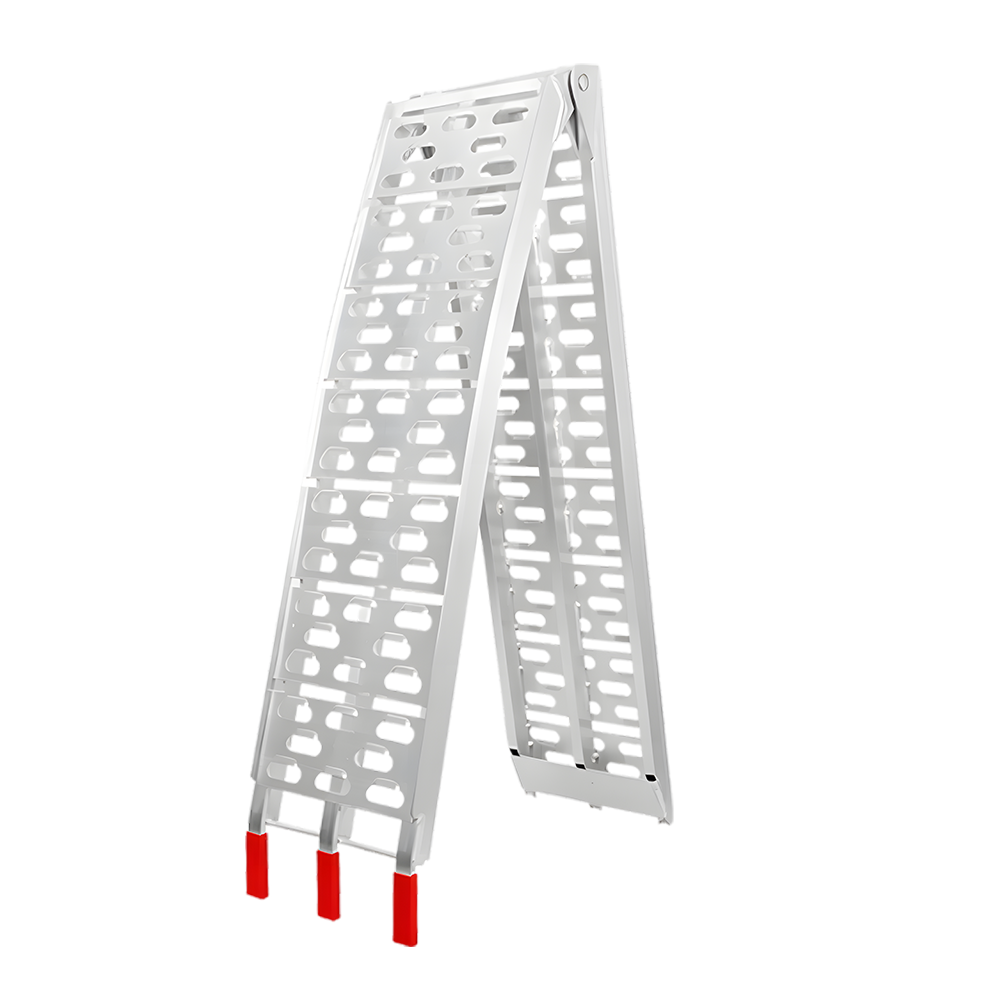 A standalone view of the ramp in a folded, freestanding position, highlighting its compact design and vibrant red non-slip tips.