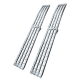 A pair of curved aluminium reinforced folding loading ramps displayed side by side. Each ramp features double middle rungs for added strength and durability, with evenly spaced slats for improved traction. Ideal for loading motorcycles, ATVs, or heavy equipment.