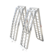 A pair of aluminium folding loading ramps in an A-frame position, showcasing their durable, lightweight construction with evenly spaced rungs and secure end hooks for stability. The ramps are identical and designed for heavy-duty use, ideal for loading vehicles or equipment.