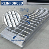 A reinforced aluminium loading ramp with double middle rungs and no pre-drilled hole, shown on a concrete floor. An inset close-up highlights the double middle rungs.