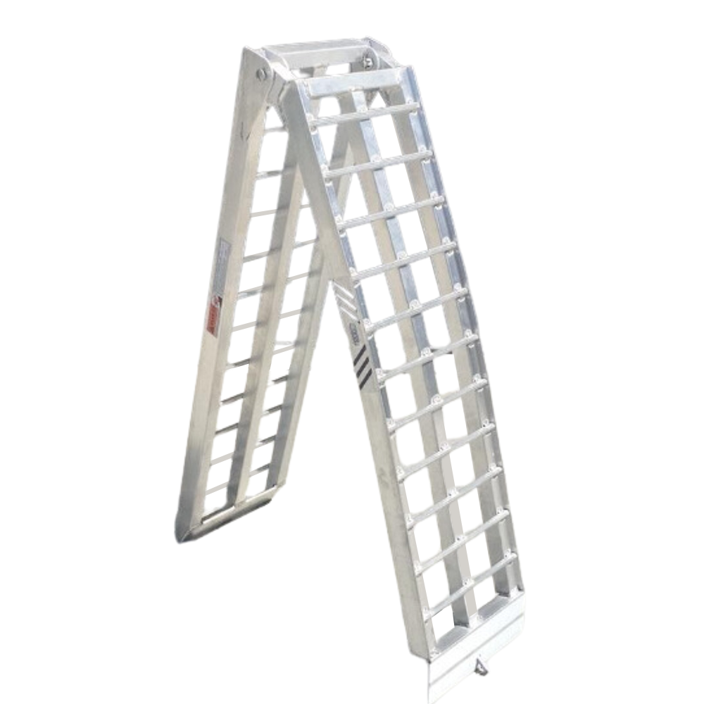 "Folded aluminium loading ramp showcasing its compact design for easy storage and transport."