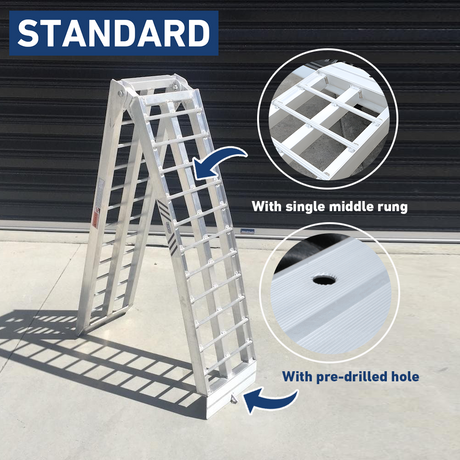 A standard aluminium loading ramp with a single middle rung and a pre-drilled hole, displayed against a black garage door. An inset close-up focuses on the single middle rung and pre-drilled hole.