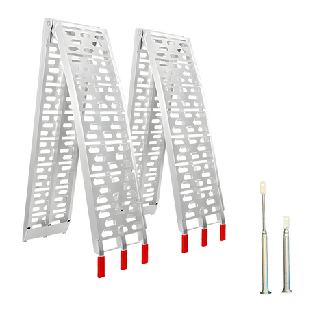 A pair of aluminium folding ramps with red-tipped safety feet, positioned upright with included accessories.