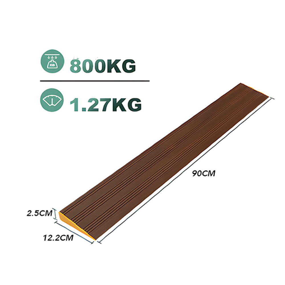 A diagram of a brown aluminium threshold ramp with its dimensions labelled as 90cm in length, 12.2cm in width, and 2.5cm in height. The icons show an 800kg load capacity and a weight of 1.27kg.