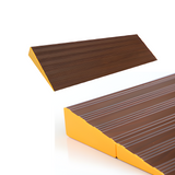 Two views of a brown aluminium threshold ramp with a yellow edge, displayed at different angles to showcase its textured surface and design.