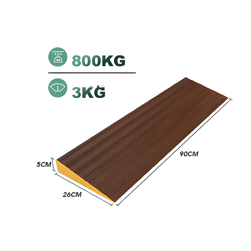 A diagram of a brown aluminium threshold ramp with dimensions indicated as 90cm in length, 26cm in width, and 5cm in height. Icons display a load capacity of 800kg and a weight of 3kg.