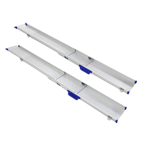 The image showcases a pair of Heeve 3-piece telescopic aluminium mobility access ramps. These ramps feature a perforated aluminium surface for enhanced grip and blue accents for easy handling. The telescopic design allows for adjustable lengths, making them versatile and compact for portability.