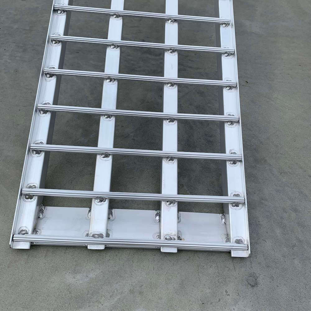 A close-up of the aluminium rung structure, showing the evenly spaced rungs for stability and strength.