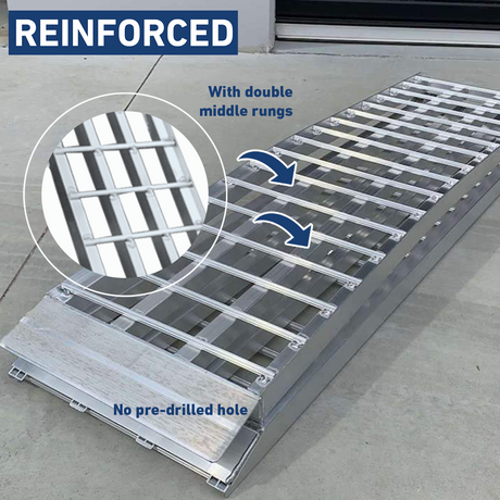 Reinforced ramp with double middle rungs - The image shows a Heeve 3m Aluminium Curved Folding Loading Ramp with a close-up highlighting the reinforced double middle rungs. The ramp does not have pre-drilled holes, providing versatile installation options.