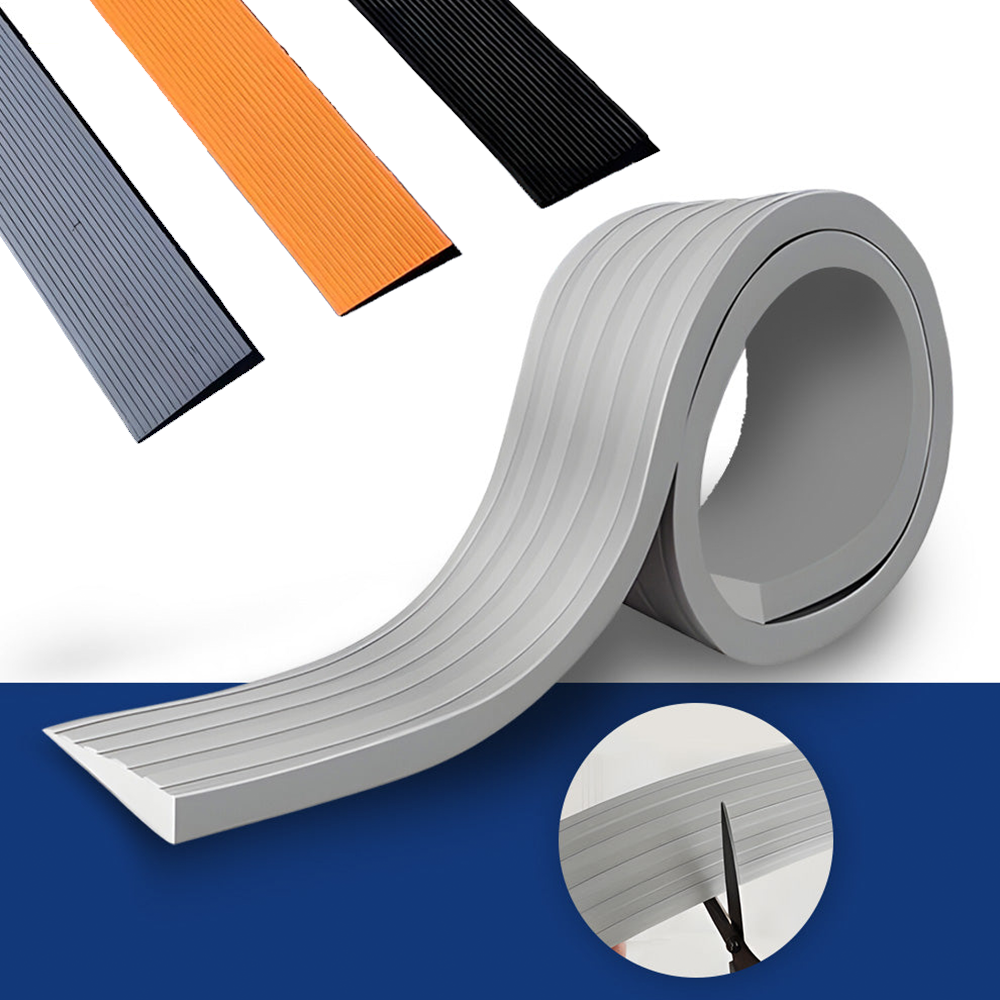 A roll of Heeve 900mm indoor self-adhesive flexible threshold ramp in grey, shown with an image of scissors cutting the material.