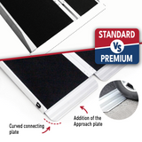 Illustration showing the difference in connecting plates between standard and premium models of the Heeve Aluminium Mobility Ramp, with a close-up of the approach plate.